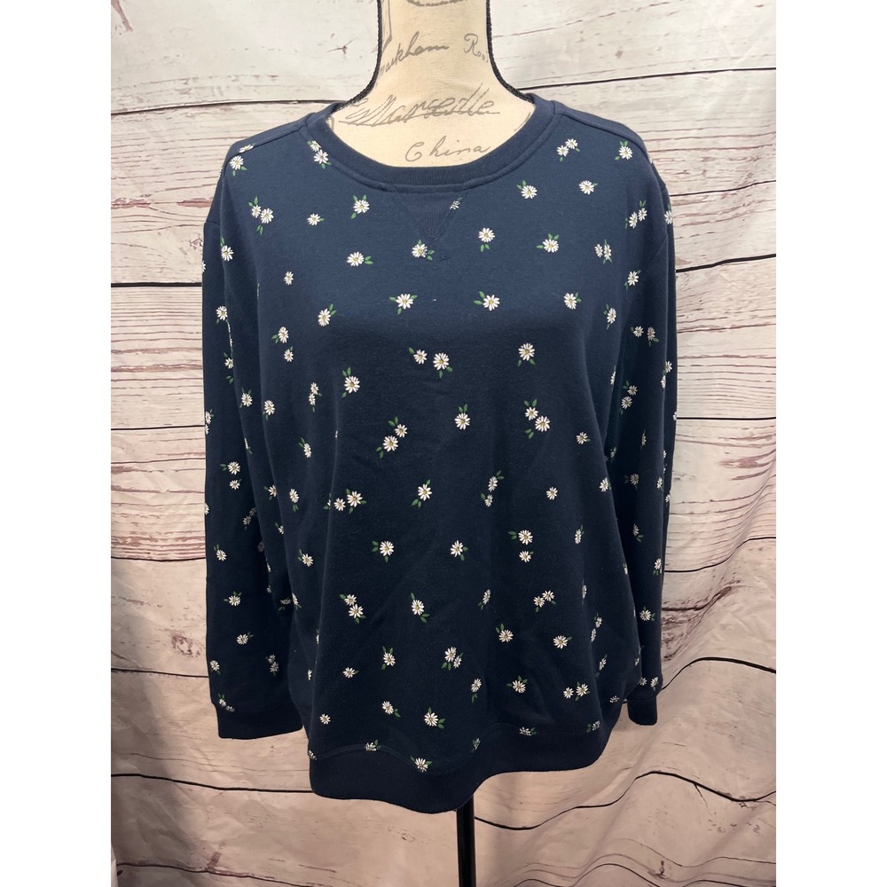 Karen Scott Sport Womens Navy Blue Daisy Floral Fleece Pullover Sweatshirt L